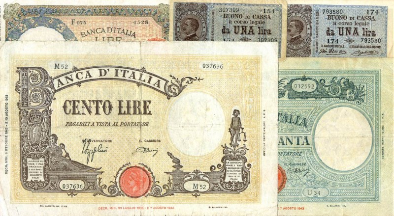 LOTTI - Cartamoneta-Italiana 100 e 50 lire (2 diversi) 1943, lira 1914 e 1917 Lo...