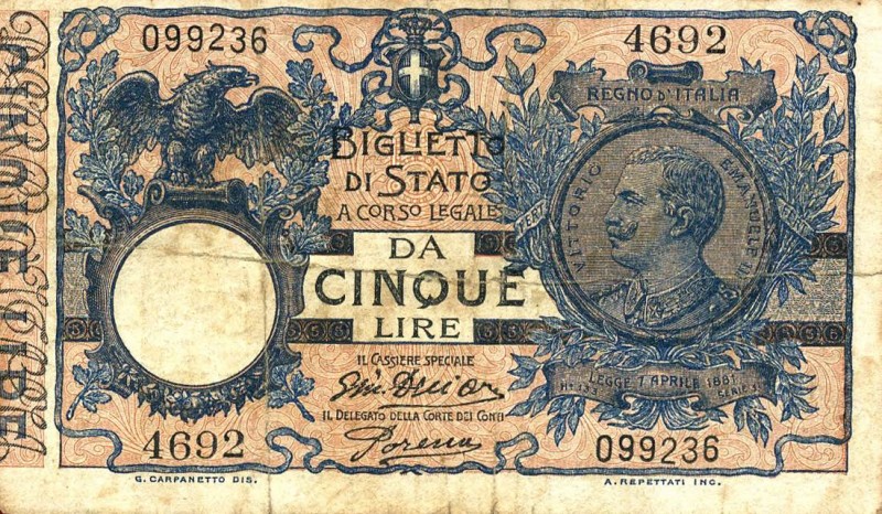 LOTTI - Cartamoneta-Italiana 1000 lire 1943, 100 lire 1940 e 1943, 10 lire 1915,...