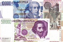 LOTTI - Cartamoneta-Italiana 50000 lire Bernini II tipo, 10000 Volta (2), 5000 A. da Messina, Bellini (11), 2000 lire Galilei (4), Marconi (10), 1000 ...