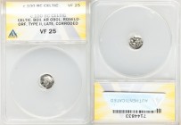 CENTRAL EUROPE. Boii. Ca. 100 BC. AR obol (10mm). ANACS VF 25, corroded. Roseldorf II type. Round bulge with slightly concave area in center / Stylize...