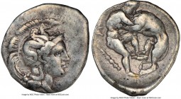 CALABRIA. Tarentum. Ca. 380-280 BC. AR diobol (14mm, 4h). NGC VF. Ca. 325-280 BC. Head of Athena right, wearing crested Attic helmet decorated with hi...