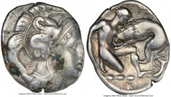 CALABRIA. Tarentum. Ca. 380-280 BC. AR diobol (12mm, 12h). NGC VF. Ca. 325-280 BC. Head of Athena right, wearing crested Attic helmet decorated with h...