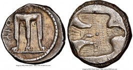 BRUTTIUM. Croton. Ca. 480-430 BC. AR stater or nomos (18mm, 7.67 gm, 3h). NGC Choice VF 4/5 - 3/5. ϘPO, ornamented sacrificial tripod, legs terminatin...
