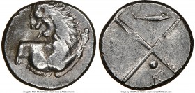 THRACE. Chersonesus. 4th century BC. AR hemidrachm (14mm). NGC VF. Forepart of lion right, head reverted / Quadripartite square incuse, fish and AΓ mo...