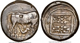 ILLYRIA. Dyrrhachium. Ca. 450-280 BC. AR stater (20mm, 10.91 gm, 1h). NGC Choice XF 4/5 - 3/5, marks. Cow standing right, head lowered left, suckling ...