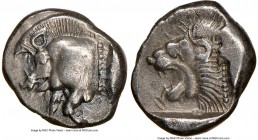 MYSIA. Cyzicus. Ca. 5th century BC. AR diobol(?) (10mm, 7h). NGC Choice XF, marks. Forepart of boar left, tunny upward behind / Head of roaring lion l...