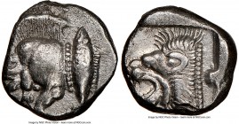 MYSIA. Cyzicus. Ca. 5th century BC. AR diobol(?) (9mm, 2h). NGC XF. Forepart of boar left, tunny upward behind / Head of roaring lion left within squa...
