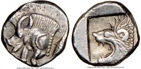 MYSIA. Cyzicus. Ca. 5th century BC. AR obol(?) (7mm, 3h). NGC Choice XF. Forepart of boar left with pelleted truncation; tunny upward behind / Head of...