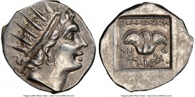 CARIAN ISLANDS. Rhodes. Ca. 88-84 BC. AR drachm (17mm, 11h). NGC Choice AU. Plinthophoric standard, Callixei(nos), magistrate. Radiate head of Helios ...
