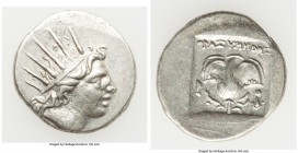 CARIAN ISLANDS. Rhodes. Ca. 88-84 BC. AR drachm (15mm, 2.40 gm, 11h). XF. Plinthophoric standard, Thrasymedes, magistrate. Radiate head of Helios righ...