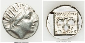 CARIAN ISLANDS. Rhodes. Ca. 88-84 BC. AR drachm (15mm, 2.58 gm, 11h). Choice XF. Plinthophoric standard, Nicephorus, magistrate. Radiate head of Helio...