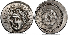 CARIAN ISLANDS. Rhodes. Ca. 40 BC-AD 25. AR drachm (20mm, 4.08 gm, 9h). NGC AU 5/5 - 3/5, brushed. Basileides, magistrate. Radiate head of Helios faci...