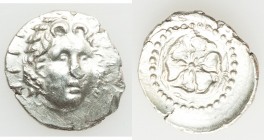 CARIAN ISLANDS. Rhodes. Ca. 40 BC-AD 25. AR drachm (21mm, 4.14 gm, 6h). Choice AU, flan flaws. Radiate head of Helios facing, turned slightly right, h...