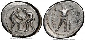 PAMPHYLIA. Aspendus. Ca. 325-250 BC. AR stater (25mm, 1h). NGC VF, flan flaw. Two wrestlers grappling; KY between / ΕΣΤFΕΔΙΥ, slinger standing right, ...