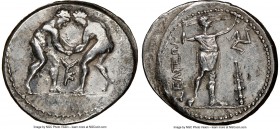 PISIDIA. Selge. Ca. 325-250 BC. AR stater (24mm, 12h). NGC XF. Two wrestlers grappling; KY between / ΣΕΛΓΕΩΝ, slinger aiming right, clockwise triskele...