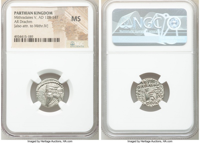 PARTHIAN KINGDOM. Mithradates V (AD 128-147). AR drachm (18mm, 12h). NGC MS. Ecb...