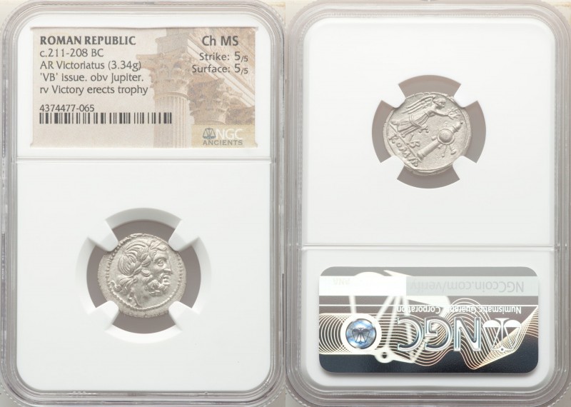 Anonymous. Ca. 211-208 BC. AR victoriatus (19mm, 3.34 gm, 8h). NGC Choice MS 5/5...