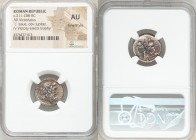 Anonymous. Ca. 211-208 BC. AR victoriatus (17mm, 5h). NGC AU, Fine Style. Luceria. Laureate head of Jupiter right, bead-and-reel border / Victory stan...