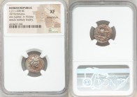 Anonymous. Ca. 211-208 BC. AR victoriatus (17mm, 10h). NGC XF, Fine Style. Rome. Laureate head of Jupiter right, dotted border / ROMA, Victory standin...