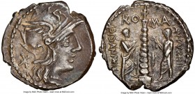 Ti. Minucius C.f. Augurinus (ca. 134 BC). AR denarius (19mm, 5h). NGC Choice XF, light scuff. Rome. Head of Roma right, wearing winged helmet decorate...
