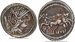 L. Julius (ca. 101 BC). AR denarius (21mm, 2h). NGC Choice VF. Rome. Head of Roma right, wearing winged helmet decorated with griffin crest; grain ear...
