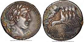 C. Vibius C. f. Pansa (ca. 90 BC). AR denarius (19mm, 8h). NGC XF. Rome. PANSA, laureate head of Apollo right with flowing hair; lyre before/ C•VIBIVS...