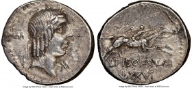 L. Calpurnius Piso Frugi (90 BC). AR denarius (18mm, 6h). NGC XF, scratches. Rome. Laureate head of Apollo right; M behind and M below chin / L•PISO•F...