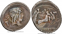 L. Julius Bursio (ca. 85 BC). AR denarius (20mm, 5h). NGC XF. Rome. Laureate, winged, draped bust of Apollo Vejovis right; trident over shoulder, bask...