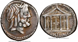 M. Volteius M.f. (ca. 78/75 BC). AR denarius (19mm, 8h). NGC VF, scratch. Rome. Laureate head of Jupiter right / M•VOLTEI•M•F, temple of Jupiter Capit...