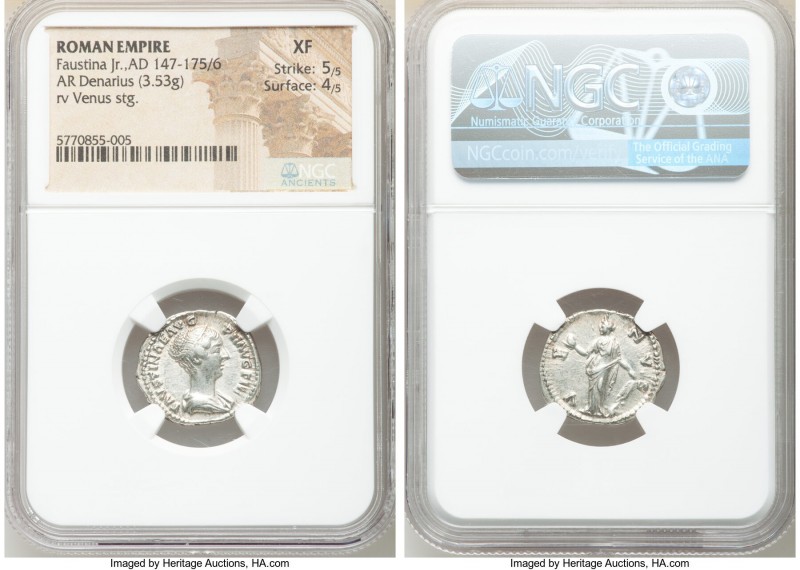 Faustina Junior (AD 147-175/6). AR denarius (19mm, 3.53 gm, 1h). NGC XF 5/5 - 4/...