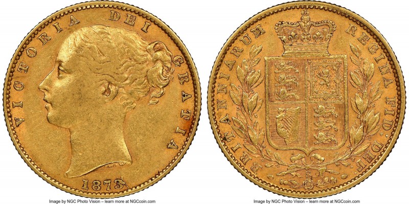 Victoria gold "Shield" Sovereign 1873-S AU53 NGC, Sydney mint, KM6. AGW 0.2354 o...