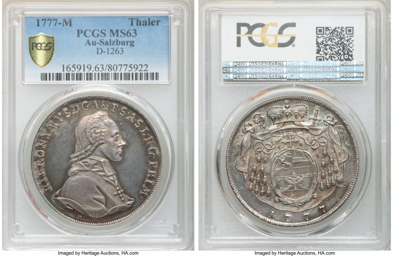 Salzburg. Hieronymus Taler 1777-M MS63 PCGS, KM435, Dav-1263. Rose, gray and blu...