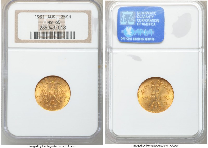 Republic gold 25 Schilling 1931 MS65 NGC, KM2841. Lustrous with tangerine toning...