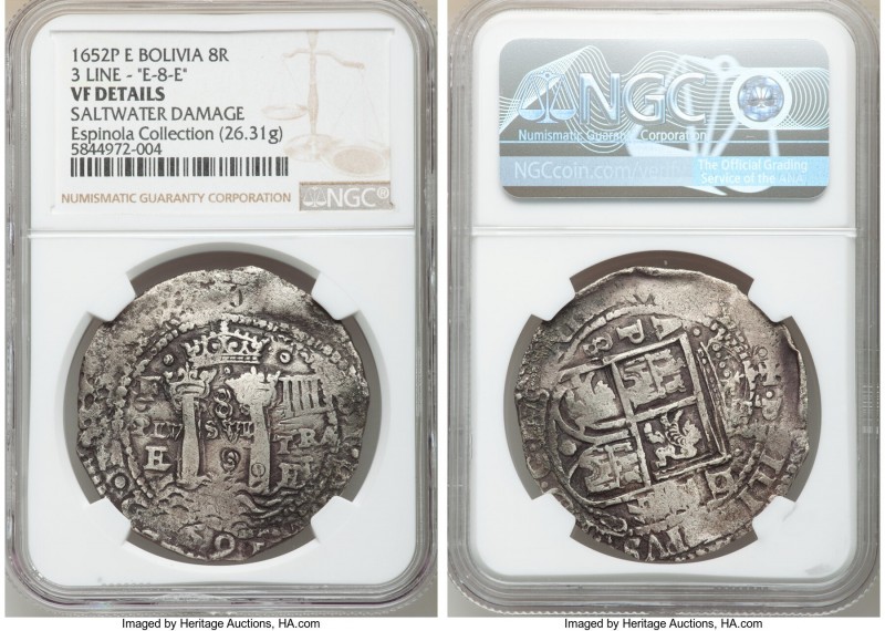 Philip IV Cob 8 Reales 1652 P-E VF Details (Saltwater Damage) NGC, Potosi mint, ...