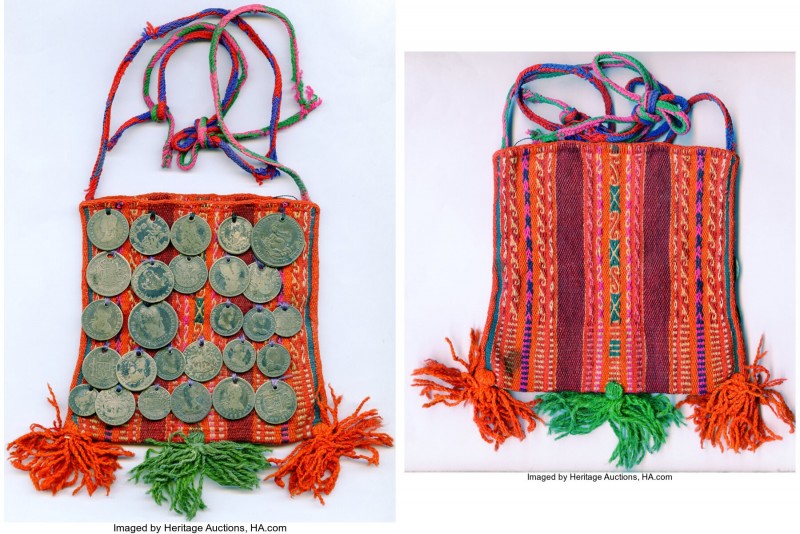 Indigenous (Aymara) Coca Leaf Pouch Decorated with 27 silver Coins ND, 27 Coins/...