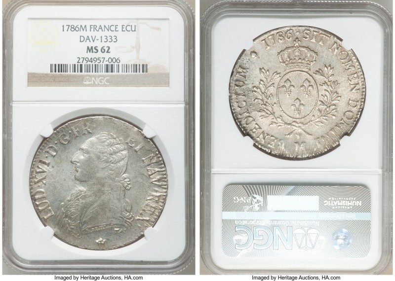 Louis XVI Ecu 1786-M MS62 NGC, Toulouse mint, KM564.10, Dav-1333. Lustrous field...