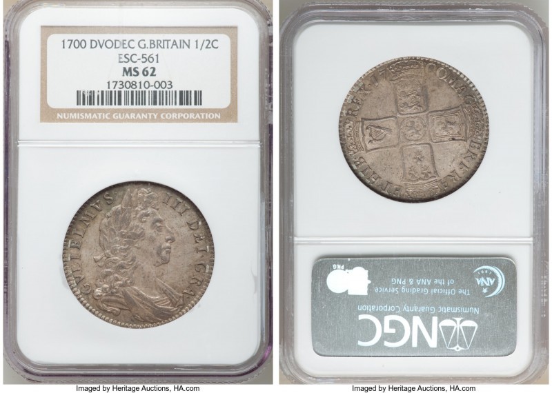 William III 1/2 Crown 1700 MS62 NGC, KM492.2, ESC-561. DVODECIMO edge. Glossy de...