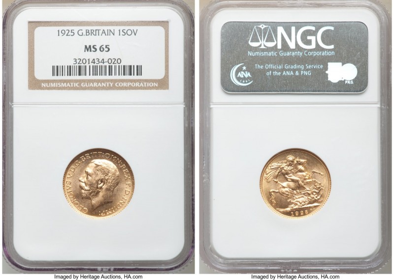 George V gold Sovereign 1925 MS65 NGC, KM820, S-3996. AGW 0.2355 oz. 

HID0980...