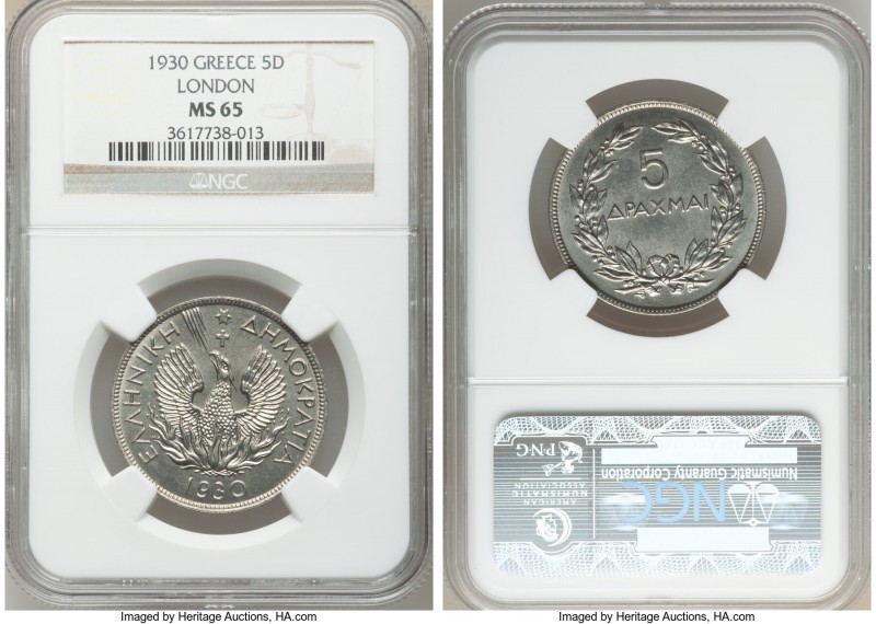 Republic Pair of Certified 5 Drachmai 1930 MS65 NGC, London mint, KM71.1. Sold a...