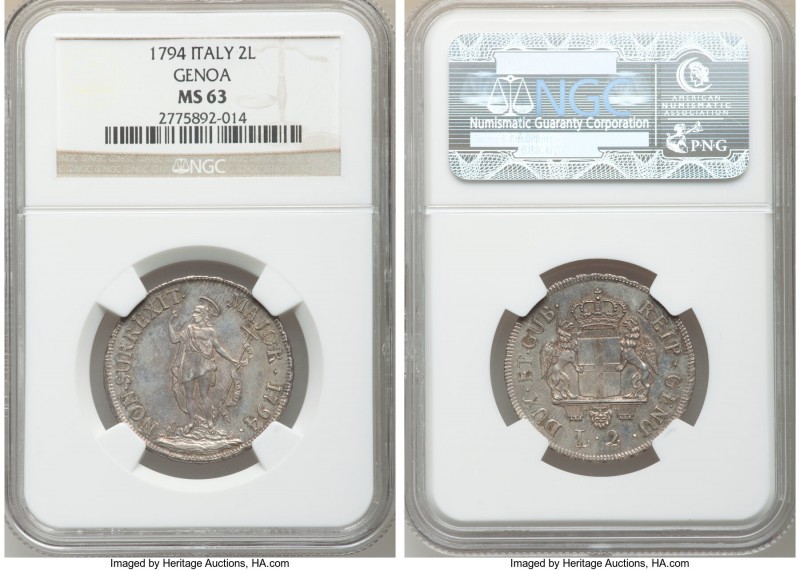 Genoa. Republic 2 Lire 1794 MS63 NGC, KM244. Bright reflective fields, draped wi...