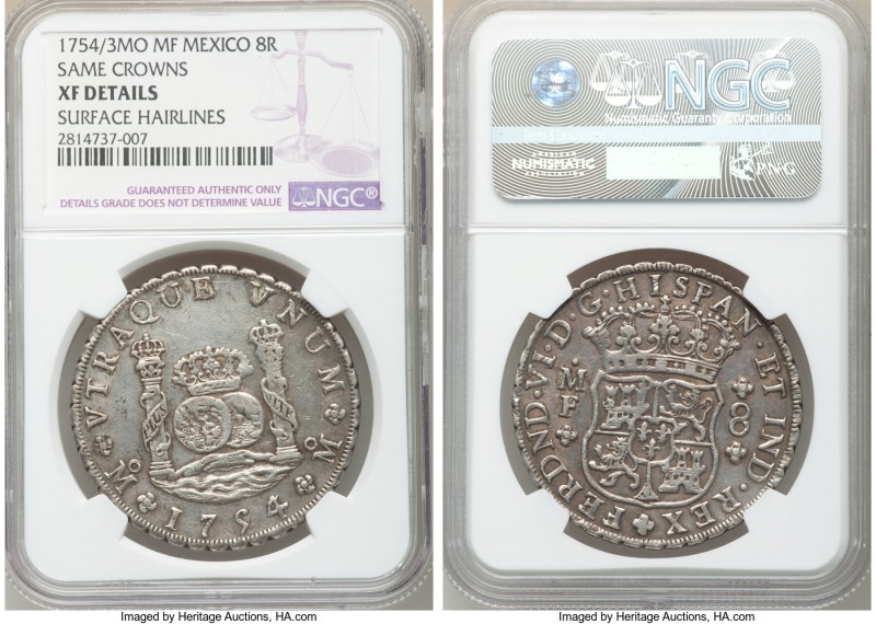 Ferdinand VI 8 Reales 1754/3 Mo-MF XF Details (Surface Hairlines) NGC, Mexico Ci...