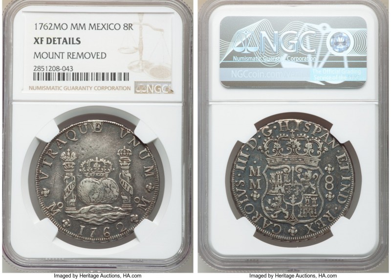 Charles III 8 Reales 1762 Mo-MM XF Details (Mount Removed) NGC, Mexico City mint...