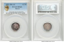 Ferdinand VII 1/2 Real 1821 Mo-JJ MS63 PCGS, Mexico City mint, KM74. Dressed in rose-tinted gray, burgundy and florescent blue tones. 

HID098012420...