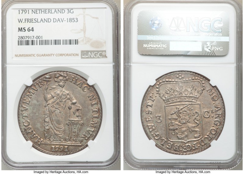 West Friesland. Provincial 3 Gulden 1791 MS64 NGC, KM141.2., Dav-1853. Peach-gra...