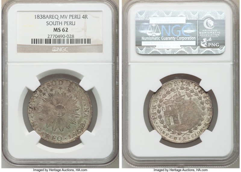 South Peru. Republic 4 Reales 1838 AREQ-MV MS62 NGC, Arequipa mint, KM172. Seafo...