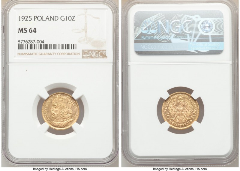 Republic gold 10 Zlotych 1925-(w) MS64 NGC, Warsaw mint, KM-Y32. One-year type. ...