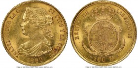 Isabel II gold 100 Reales 1860/50 MS63 NGC, Seville mint, KM605.3. AGW 0.2412 oz. 

HID09801242017

© 2020 Heritage Auctions | All Rights Reserved...
