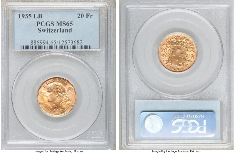 Confederation gold 20 Francs 1935-LB MS65 PCGS, Bern mint, KM35.1. AGW 0.1867 oz...