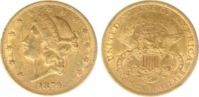 USA 20 Dollars (Double Eagle) 1879-S Liberty Head - 33.44g 0.900 fine - Obv. Liberty Head / Rev. Eagle and Shield, 'twenty dollars' below (KM 74.3 / F...