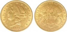 USA 20 Dollars (Double Eagle) 1891-S Liberty Head - 33.44g 0.900 fine - Obv. Liberty Head / Rev. Eagle and Shield, 'twenty dollars' below (KM 74.3 / F...